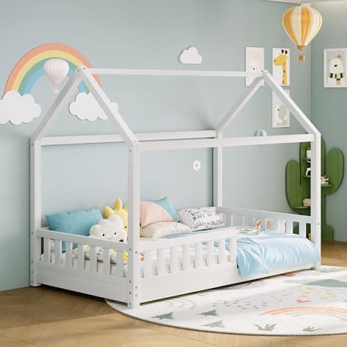 Image of LUXOAK Toddler Floor Bed, 100% Solid Pine Wood House Bed with Removable Safety Guardrails, Single Bed Frame for Kids, Easy Assembly, 90x190cm, White