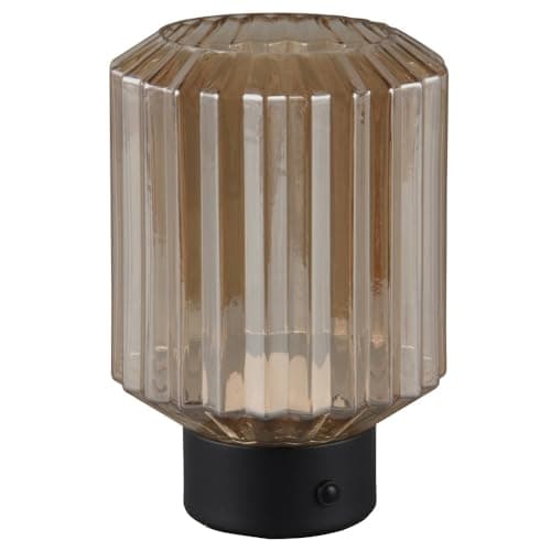 Image of Britalia LED Matt Black & Amber Ribbed Glass Vintage USB Rechargeable Touch Control Table Desk Lamp | 19cm Height | 100 Lumen Warm White | 4 Light Settings | Modern Influence | Portable