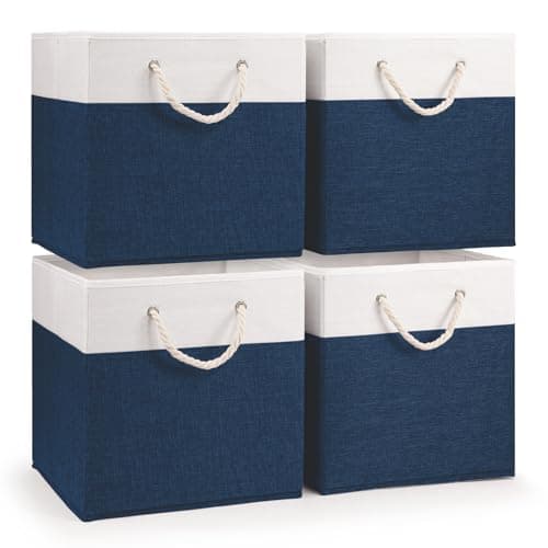 Image of woodluv Storage Cube Boxes Large, Set of 4 Foldable Storage Basket for Cupboards, Shelves, Closet, Set of 4, Navy Blue, 30 x 30 x 30 cm