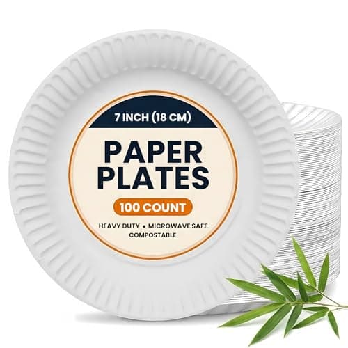 Image of AB LUXE 100 Pack Paper Plates 7 inch | Biodegradable Disposable Plates for Parties, BBQs, Picnics | Eco Friendly Compostable White Paper Plate, Disposable Paper Plates