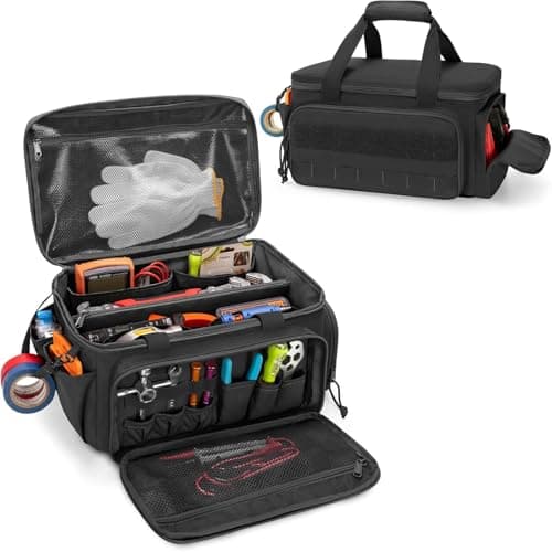 Image of Multi-Functional Tool Bag for Men, Multi-pockets Heavy Duty Electrician Tool Bag, Tear-Resistant Wide Open Mouth Tool Storage Organiser for Mechanics, Electricians & DIY (Black, 14.45in)