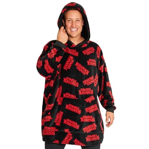 Image of Stranger Things Blanket Hoodie for Adults and Teenagers - Cosy Oversized Fleece Hoodie One Size Sherpa Hood - Gifts for Her (Black/Red)
