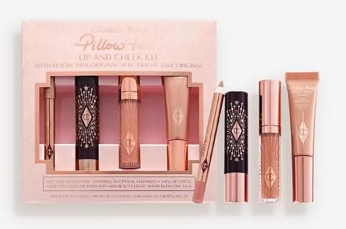 Image of Charlotte Tilbury Pillow Talk Lip & Cheek Kit – Original | Full Size Hyaluronic Happikiss Crystal + Mini LipCheat, Collagen LipBath & Beauty Light Wand