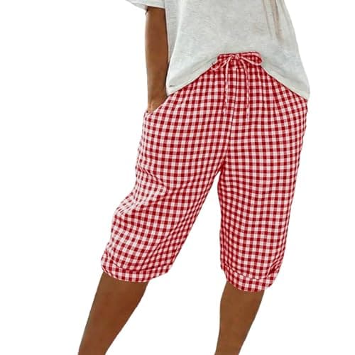 Image of Saxrel Ladies Knee Length Shorts Gingham & Striped Hiking Pants - Drawstring Waist Ladies Knee Length Linen Shorts with Pockets Summer Culottes for Daily Commute Casual Wear Outdoor Walks