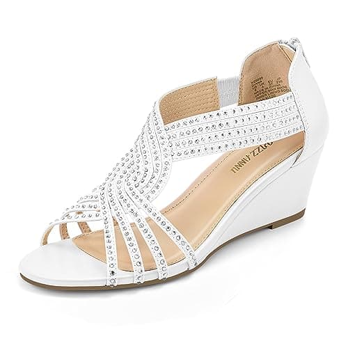 Image of PIZZ ANNU Womens Sandals Mid Wedge Heel Sparkly Glitter Shoes for Ladies Strappy Rhinestones Bridal Wedding Prom Party White Size 5