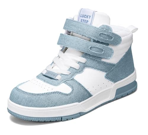 Image of LUCKY STEP Women's High Top Fashion Sneakers Basketball Ankle Boots Walking Tennis Shoes Platform Hook and Loop Casual Faux Leather Sneaker (Denim Blue, 8.5US-39EU-6UK)