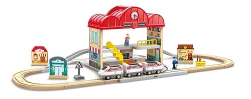 Image of Hape Portable Train Station Set | Wooden Railway Toy with Figurines, Storage Box & Handle | Expandable, Imaginative Play & Travel-Friendly