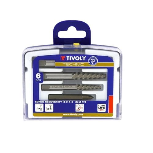 Image of TIVOLY - Damaged Screw Extractor Set - 5 HCS Extractors: N1-N2-N3-N4-N5 + 1 X-Out N2 - For Extraction of M4 to M18 Screws and Studs