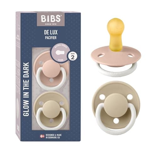 Image of BIBS De Lux Soother 2-Pack, BPA Free Dummy Pacifier, Round Nipple. Natural Rubber Latex, Size 2 (6-18 Months), Blush Night/Vanilla Night