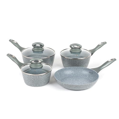 Image of Salter Marblestone 4 Piece Cooking Set – 16cm, 18cm, 20cm Saucepans with Lids, 24cm Frying Pan, Non-Stick, Corrosion Resistant Forged Aluminium, PFOA-Free, Suitable for All Hobs, Dishwasher Safe
