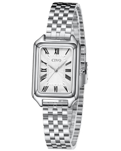 Image of CIVO Vintage Ladies Watches for Dress: Silver-Tone Watches for Women Rectangular Case with Roman Numerals - Easy Read Waterproof Wrist Watch Stainless Steel Bracelet