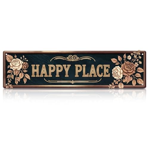 Image of Happy Place Vintage Garden Decor, Funny Metal Signs & Plaques with Holes Punched at the Four Corners, Welcome Sign with Floral Pattern for Home Front Door Cafe Bar Club Deck Yard Porch, 16x4 Inches