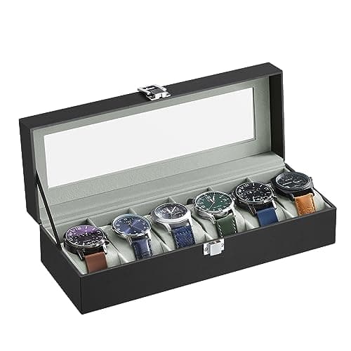 Image of SONGMICS Watch Box with 6 Slots, Watch Case with Glass Lid, Watch Display Box with Removable Watch Pillows, Metal Clasp, Gift Idea, Black Synthetic Leather, Greenish Grey Lining JWB06BK