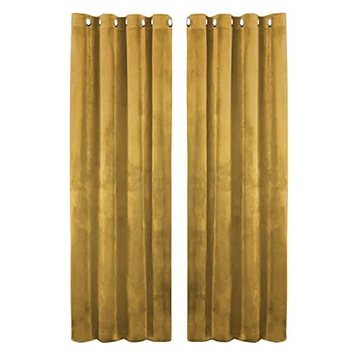 Image of Hafaa Ochre Blackout Curtains for Bedroom – 66” wide x 72” drop Crushed Velvet Thermal Insulated Curtains for Living Room – Eyelet Room Darkening Curtains with 2 Tie Backs (168cm x 183cm)