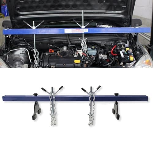 Image of TOTEBOX 500kg Engine Support Double Beam Bar, Adjustable Engines Stand with Dual Hooks Chains, Steel Motor Transmission Hoist, Motor Traverse Lifter Gearbox Supporting Blue