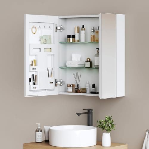 Image of EMKE Bathroom Mirror Cabinet 600×650×145 mm, Aluminium Bathroom Cabinet with Mirror, White Matte, Door with Extra Storage, 2 Adjustable Glass Shelves, Pre-assembled, Wall-Mounted