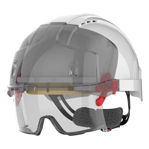 Image of JSP EVO VISTALENS Safety Helmet Hard Hat - Vented - White - Integrated Impact Resistant Eyewear - ABS Shell - Adjustable Harness - For Construction, Building, Civil Engineering & Industry - EN397
