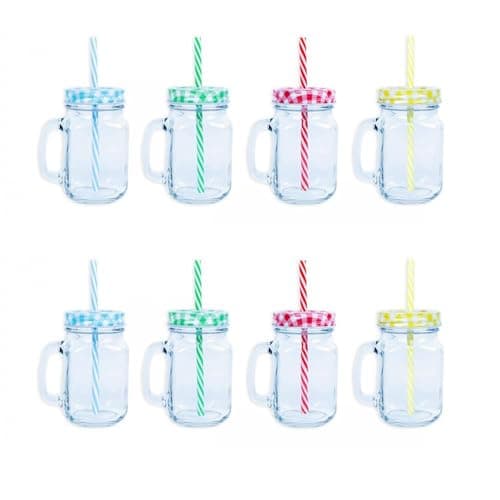 Image of YöL 8 Mason Drinking Jars Glass Summer Party Cocktail Smoothie BBQ Lid Straw Check