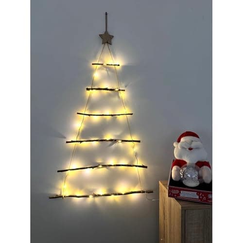 Image of YORKSHIRE HOMEWARE Lit Twig Wall Christmas Tree Light | Christmas Decoration Gift Present With 40 led Warm White LED Lights | Small Wooden Ladders for Decoration | Wall Hanging Ornament (Natural Wood)