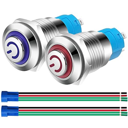 Image of Gebildet 2pcs 12mm 230V AC 3A Stainless Steel Self-locking Latching Push Button Switch Power Symbol LED Normally Open SPST ON Off Waterproof Toggle Switch with Wire Socket Plug (Blue+Red,High Head)