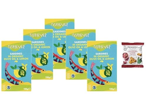 Image of Fish 4 Ever | Whole Sardines in Organic Olive Oil & Lemon 120g (Pack of 5) + Primadeli Snack - Sustainably Fished. Tin Canned Food Rich in Omega-3, Ready Seasoned, Great for Lunch Meals