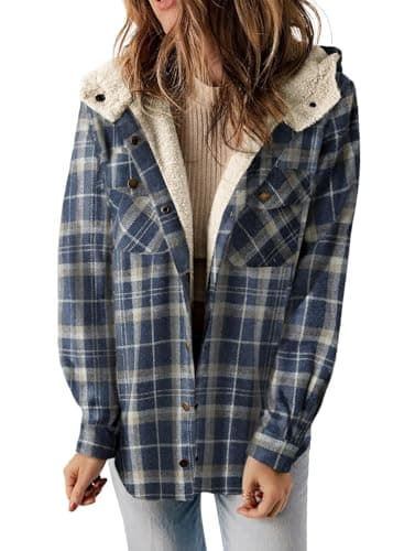 Image of KIKIATA Women's Plaid Print Button Front Hooded Coat, Flannel Shacket Jacket Long Sleeve Button Down Fleece Hooded Jackets Warm Fall Winter Coat Casual Work(Blue,L)