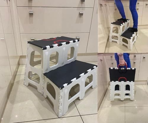 Image of Freshnewlooks Foldable 2 Step Ladder Stool with Anti-Slip Rubber Feet | Heavy Duty Folding Step Stools, Compact Portable Plastic Ladder for Kitchen, Garage, Office, or Home Uses (Black/White)