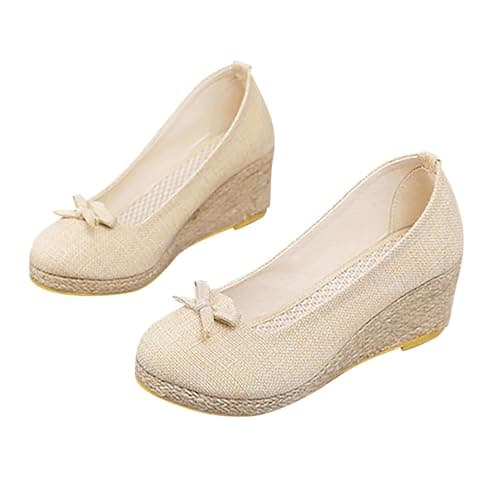 Image of Momolaa Espadrilles Women Wedges Closed Toe Court Shoes Wedge Sandals for Women Espadrilles Wedges Pumps Court Shoes Summer Ladies Footwear size 6 Beige