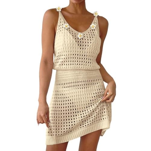 Image of Ladies Swimming Costumes Crochet Hollow Out Beach Cover Up with Knit Flower Design Elegant Spaghetti Strap Sarong Solid V-Neck Swimming Beach Dress for Tropical Holiday Retreats Beige