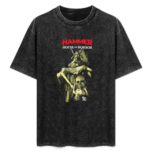 Image of SIMOROL Retro Washed Fashion T Shirt for Men Women Hammer Horror House of Horror Antique Wash Unisex T-Shirts Black M