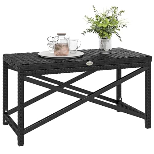 Image of Outsunny Outdoor Coffee Table, Garden PE Rattan Side Table with Plastic Board Under the Full Woven Table Top and X-Shaped Frame for Patio, Balcony, Black