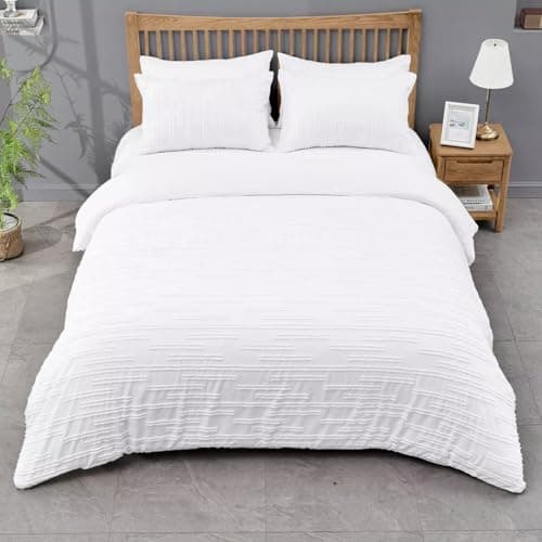 Image of Embossed White Stripe Duvet Cover Set - Soft Boho Textured Microfiber Bedding - Single, Double, King Sizes - Hypoallergenic, Machine Washable, Durable & Elegant 100% Polyester (Double)
