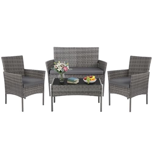 Image of Panana Rattan Garden Furniture 4 Piece Set Table Chair Sofa with Cushions Patio Balcony Outdoor Conservatory Indoor (Mixed Grey Wicker with Grey Cushions)