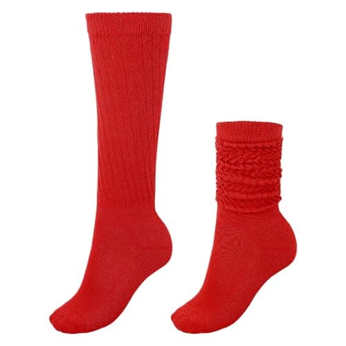 Image of Xindojuz 1 Pair Red Knee High Socks, 7.1"/18cm Long Slouch Slouchy Scrunch Socks for Women Girls, Soft Cotton 80s 90s Stacked Boot Sock over the Knee Tube High Stockings, Red Leg Warmers (Red)