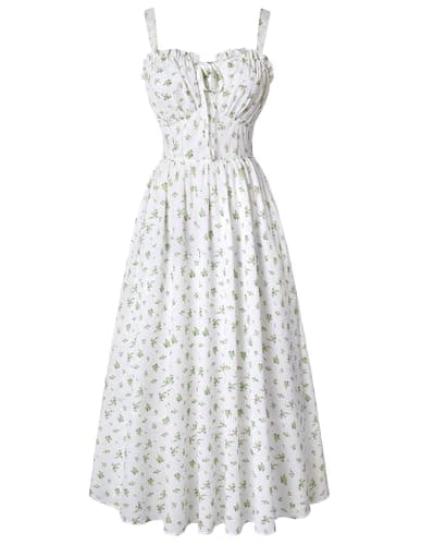 Image of SCARLET DARKNESS Women's Summer Floral Sun Dresses Green Midi A-Line Smocked Victorian Cottagecore Boho Beach Corset Dress L
