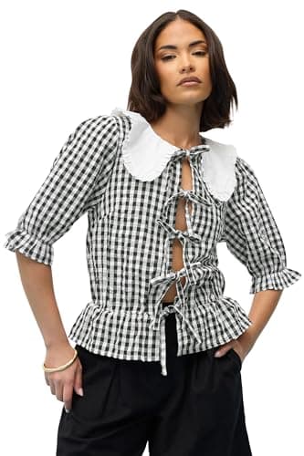 Image of PixieGirl Petite Black Gingham Tie Front Collar Cotton Peplum Top Petite