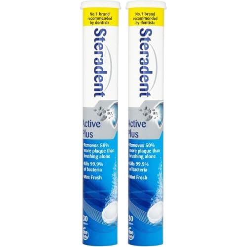 Image of Steradent Active Plus Tablets 2 x 30 Tabs – Mint Fresh Denture Cleaner, Kills 99.9% Bacteria