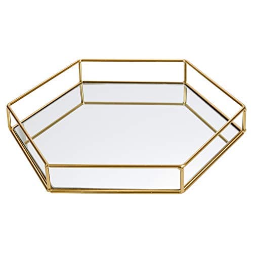 Image of Hexagon Gold Decorative Mirror Tray Serving Platter (Large 34cm x 30cm x 5cm)