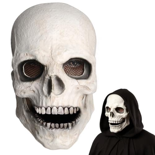 Image of Dlishka Halloween Masks Men Scary,Creepy Full Head Skull Mask With Moving Jaw,Adult Entire Head Realistic Latex Helmet,Scary Standable Skeleton Headgear. (Hard Version-Yellow)