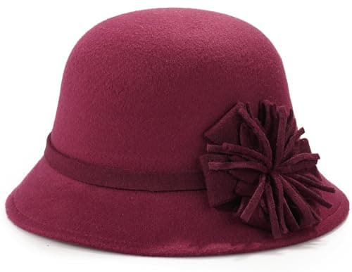 Image of MESU Womens Felt Cloche Hat Floral Fedora Bucket Hat 1920s Vintage Bowler Hats Wine Red