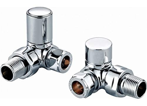 Image of Round Corner Angled Chrome Valve Set - Heated Towel Rail/Radiator Block Valves (Twin Pack) with Round Metal Handles and QUALITY chrome finish