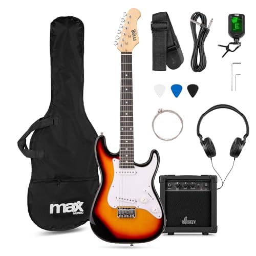 Image of Max GigKit Junior Electric Guitar Starter Pack, 3/4 Size Sunburst – Complete Beginner Kit with 20W Amplifier, Case, Tuner, Spare Strings, Picks, Strap – Ideal for Kids Aged 8-13 Learning Guitar