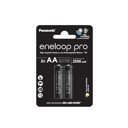Image of eneloop Pro, AA/Mignon, Rechargeable Battery, Pack of 2, Capacity of 2500 mAh, Ready-to-Use Ni-MH Batteries, 500 Recharge Cycles, Plastic Free Packaging, Pro, Black