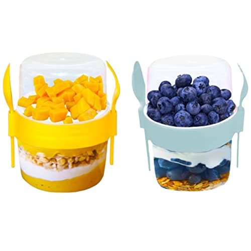 Image of VL 2PCs Yogurt Pots Reusable 500ml Yoghurt Container with Spoon & Fork BPA free Breakfast Pots to GO Muesli Cereal On the Go Dishwasher Safe Lunch Box Oatmeal Jars, Set of 2 (Grey, Yellow)