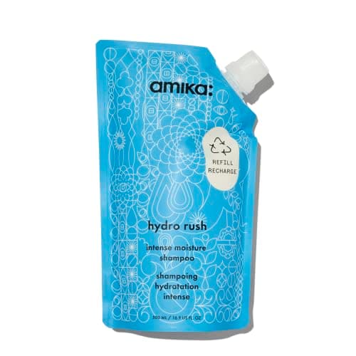 Image of amika hydro rush intense moisture shampoo - hydrating hair care for dry + textured hair - silicone + sulfate free shampoo with hyaluronic acid + squalane - provides long-lasting hydration (500 ml)