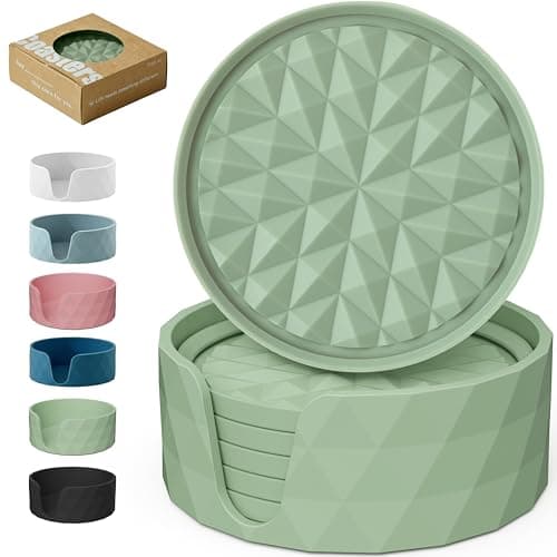 Image of Wingcases Silicone Coasters for Drinks[6 pcs, Sage Green] Diamond Design Cup Mat with Holder for Tabletop Protection Non Slip, Non Stick, Coffee Table Decor, Great Gift for Any Occasion