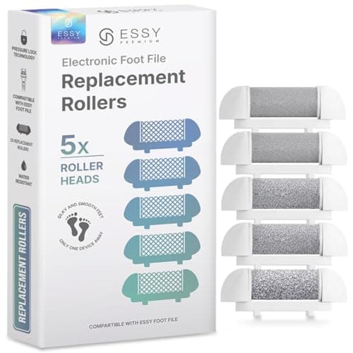 Image of Essy Electric Foot File Replacement Rollers for Hard Skin Remover – Set of 5 Refill Heads with Fine, Medium, and Coarse Textures, Designed for Smooth Feet, Easy Exfoliation and Pedicure Care (White)