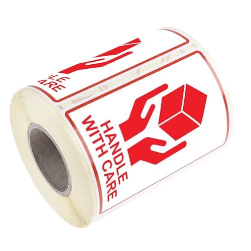 Image of Premium Handle with Care Labels – 108 x 79mm – White, Permanent Adhesive – 500 Labels per Roll 44mm Core