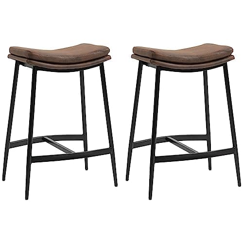 Image of HOMCOM Breakfast Bar Stools Set of 2, Microfibre Upholstered Barstools, Industrial Bar Chairs with Curved Seat and Steel Frame for Dining Room, Kitchen, Brown