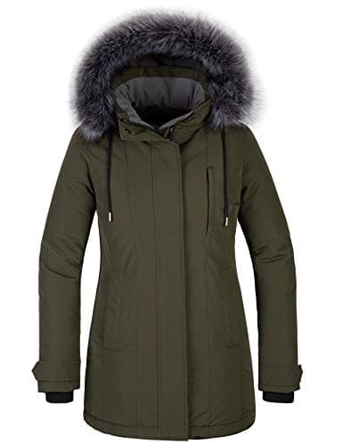 Image of CHIN·MOON Women's Warm Puffer Jacket Waterproof Winter Coat Windproof Down Jacket with Hood Outdoor Parka Jacket Mid Length Thicken Overcoat with Faux Fur Hooded Green S
